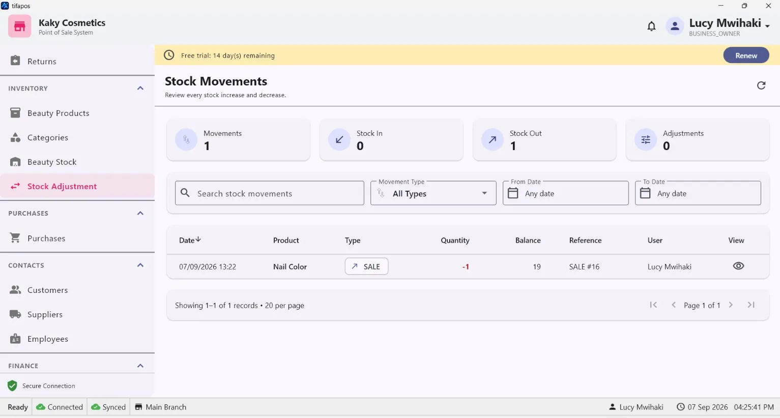 AiWeapX POS stock adjustment screen.